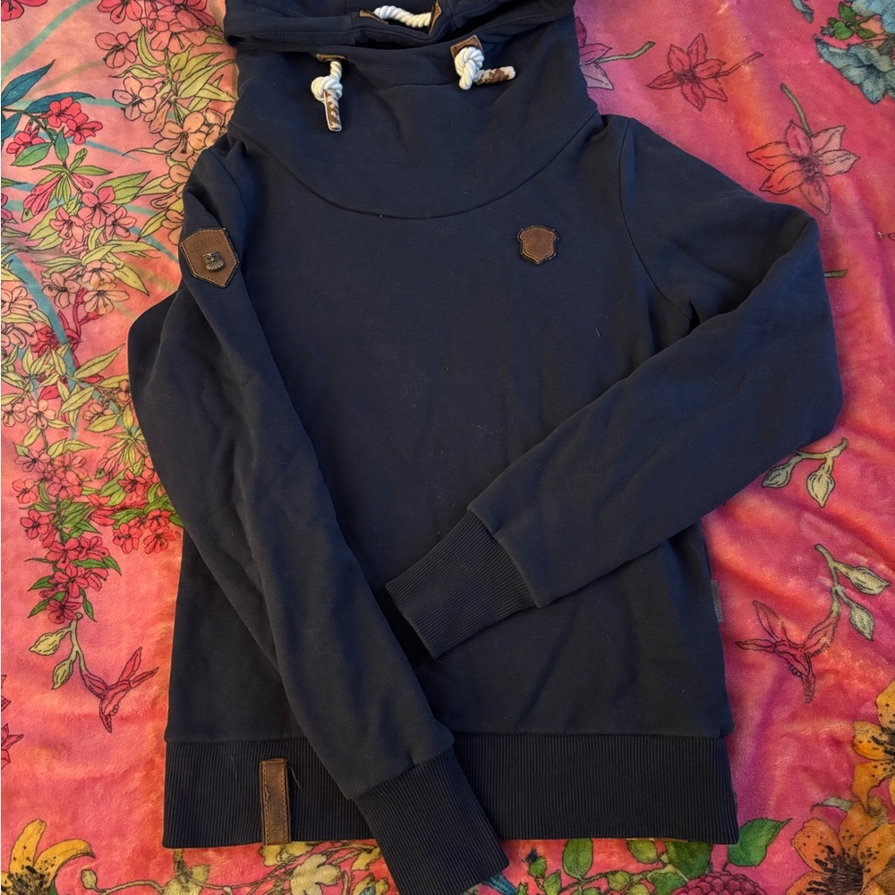 Naketano Navy Hoodie with Brown Leather Patches